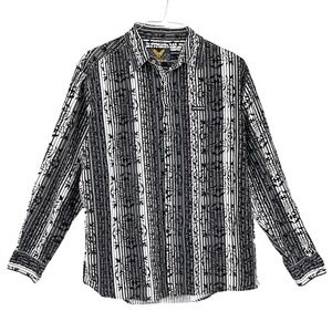 AVIREX USA Men's Black White Striped Velvet‎ Print Long Sleeve Button Down Shirt